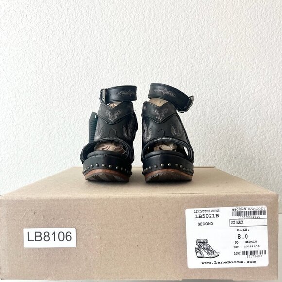 Lane Boots LEXINGTON Womens Black Wedges 8 Western Sandals Cowgirl Wooden Heel - Picture 10 of 11